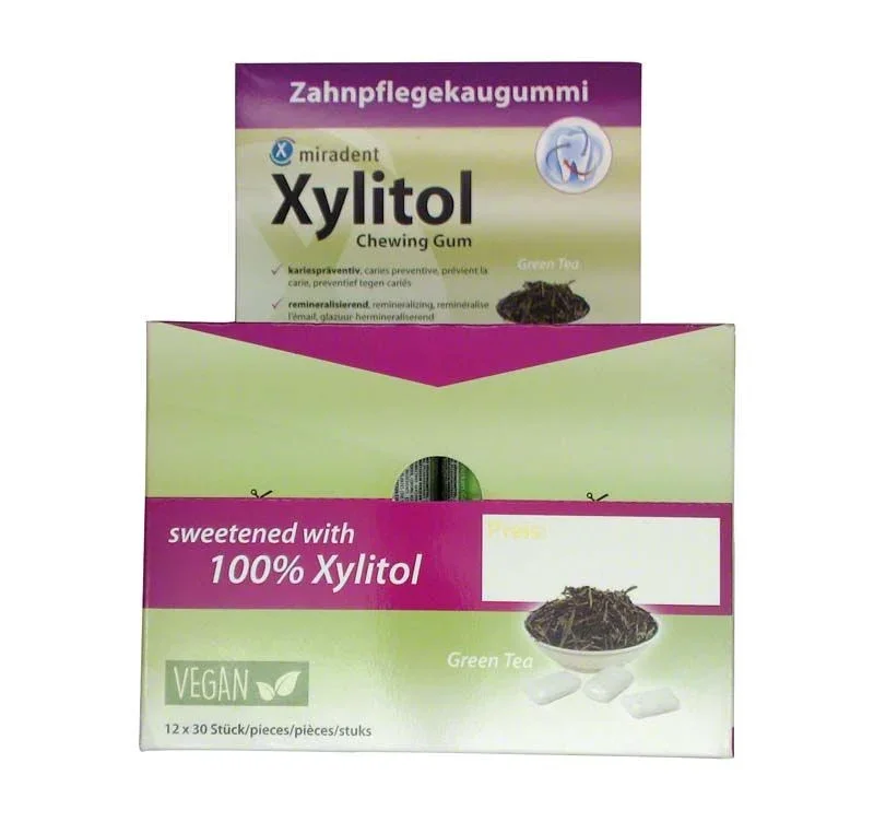 Zahnpflegekaugummi Xylitol Grüner Tee mit 100% Xylit, 12er Packung.