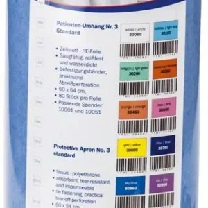 Patienten-Umhang Nr.3 standard skyblue in Verpackung mit Etikettendetails.