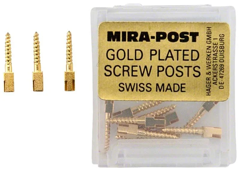 Vergoldete Mirapost® Wurzelstifte in Verpackung, 12 Stück, selbstschneidend.