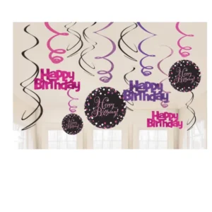 Suspensions spirales Happy Birthday célébration pétillante pour anniversaire rose violet et noir