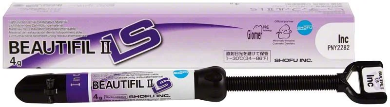 BEAUTIFIL II LS Spritze A2 mit Verpackung auf weißem Hintergrund