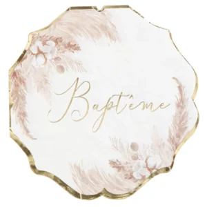 Serviettes en papier pampas et fleurs de coton pour baptême dorées