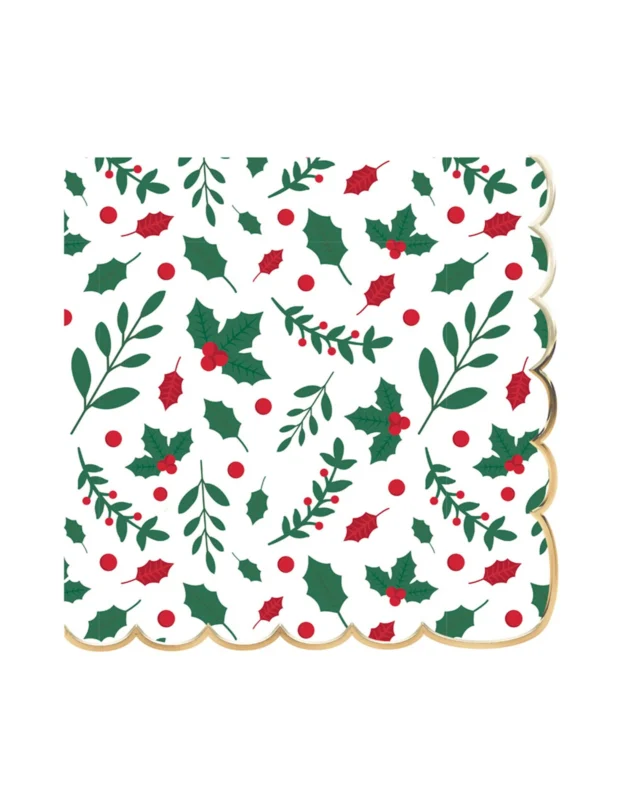 Serviettes en papier festonnées houx pour Noël blanches et vertes avec bord doré