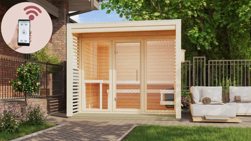 Karibu Gartensauna "Saunahaus Angkor 3" 5 Personen 9 kW Ofen (finnisch) + Steuergerät HUUM WIFI