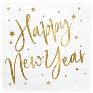 Serviettes en papier Happy New Year blanches et dorées à étoiles