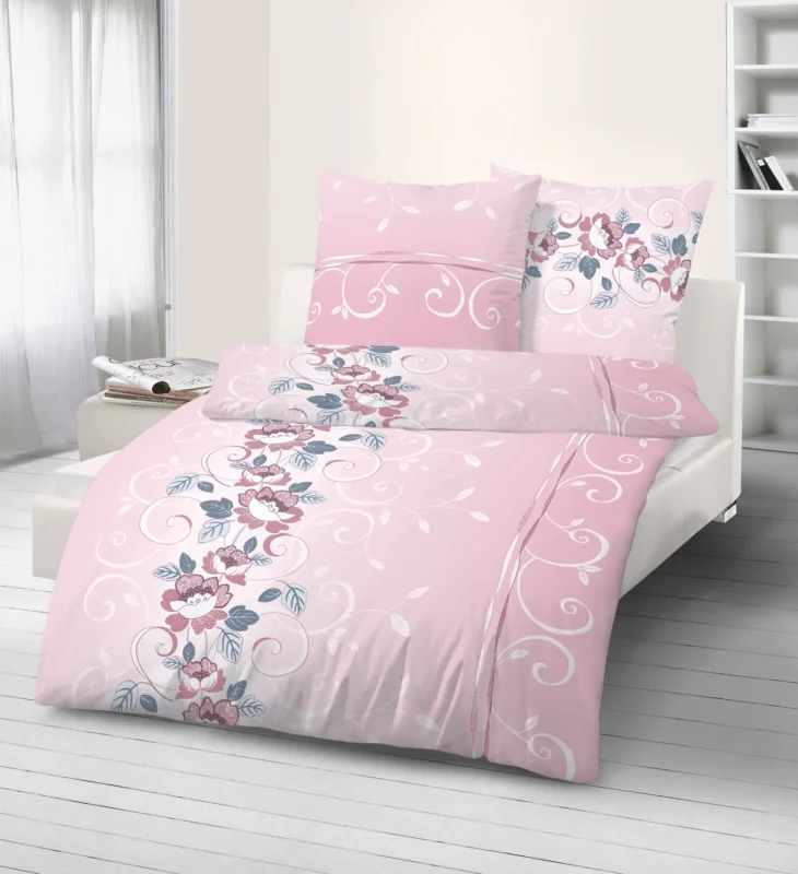 Fein Biber Bettwäsche Blumenranke rosa 155 x 220 cm Übergröße