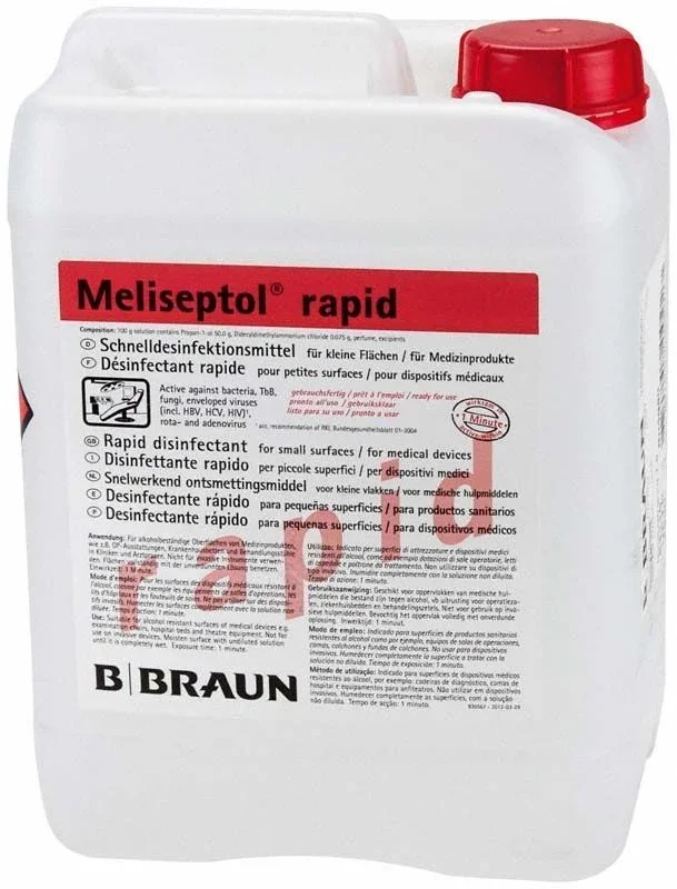 5-Liter-Kanister Meliseptol Rapid Flächendesinfektion von B. Braun mit rotem Verschluss.