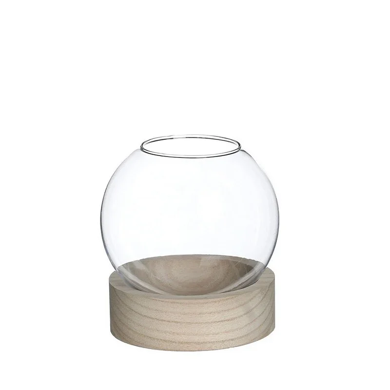 Glass Ball Vase w.Wood Base Ø13 h.14cm