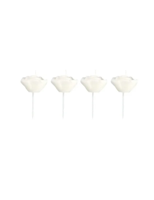 4 bougies en forme de roses sur pic pour décoration blanches