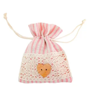 Pochons rayés avec dentelle et coeur en bois pour invités rose pastel