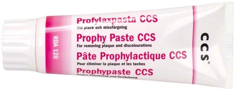 Prophy Paste CCS Tube RDA 120 für Zahnreinigung, rosafarbene Verpackung.