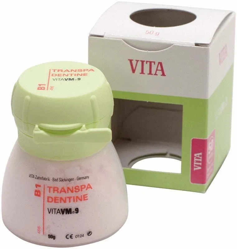 Dose VITA VM9 Classical Transpa Dentin 50g B1 vor Verpackung.
