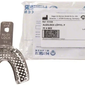 Metallischer perforierter Abformlöffel ALGILOCK®-LÖFFEL mit Verpackung.