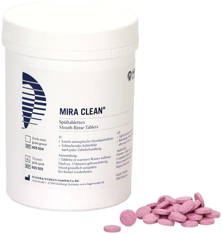Mira Clean Mundspültabletten Thymol in weißer Plastikdose mit Tabletten daneben.