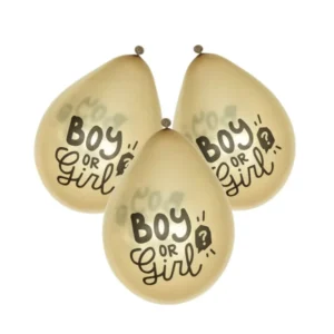 Gros plan sur l'imprimé des ballons en latex Boy or Girl pour gender reveal dorés