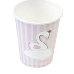 Gobelets en carton cygne rose et blanc à rayures avec cygne à couronne dorée