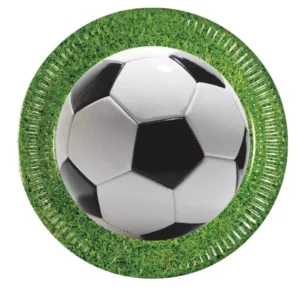 Assiettes en carton football party avec motif de ballon de foot sur pelouse verte
