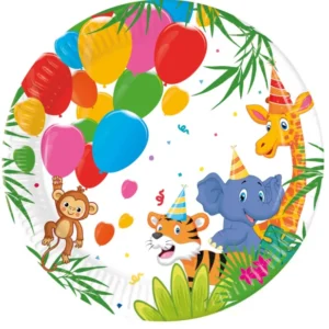 Assiettes en carton Jungle Balloons animaux pour enfant multicolores avec ballons