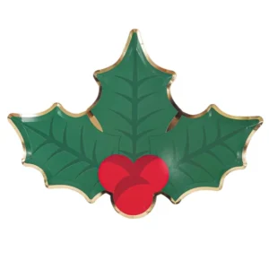 Assiettes en carton houx de Noël pour fête vert et rouge en forme de feuille avec bordure dorée