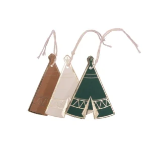 Étiquettes en carton tipi indian forest pour fête kraft vert ivoire et doré avec ficelle