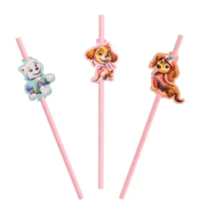 Pailles en papier Pat'Patrouille pour enfant roses avec médaillons