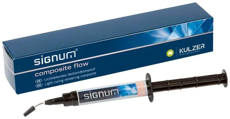 Signum® composite flow dentine DA2 mit Verpackung und Applikationsspritze.