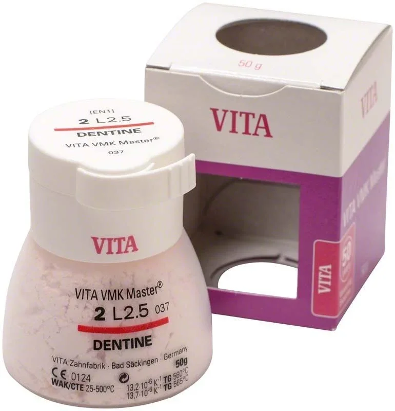 Dentine-Pulver VMK Master 3D 50g, Farbton 2L2.5, mit Verpackung.