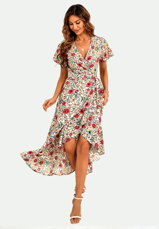 Midi-Wickelkleid mit Engelsärmeln und Saumdetail in Offwhite