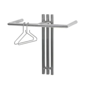 Wandgarderobe Senza 1 in Edelstahl mit ausziehbarem Edelstahlrohr und zwei Kleiderbügeln, Gesamtansicht von vorne.