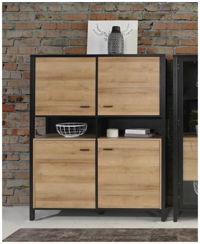 Highboard Schrank HIGH ROCK 4-trg. Riviera Eiche Optik / Schwarz in Gesamtansicht mit vier Holztüren.