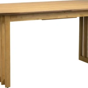 Esstisch BARLET ausziehbar mit ovaler Platte aus Eiche und geschwungenem Holzgestell, Gesamtansicht.