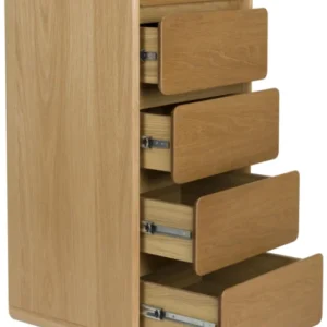 Schrank Kommode RISE Natural mit vier geöffneten Schubkästen aus Esche und Eiche, Gesamtansicht von vorne.