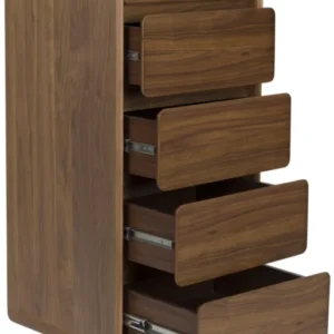 Schrank Kommode RISE Walnuss von ZUIVER mit geöffneten Schubkästen in Gesamtansicht von vorne.