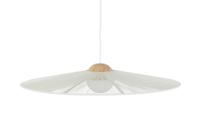 Zuiver Hängelampe Belle S Beige mit beigefarbenem Schirm aus Kunststofffäden und Holzkrone, Gesamtansicht.