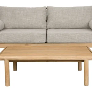 Gartenmöbel-Set Oasis mit zweiSitzer-Sofa aus Akazienholz und beigem Polsterbezug sowie Couchtisch in Gesamtansicht.