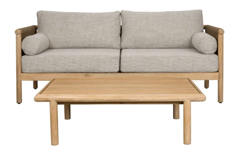 Gartenmöbel-Set Oasis mit zweiSitzer-Sofa aus Akazienholz und beigem Polsterbezug sowie Couchtisch in Gesamtansicht.
