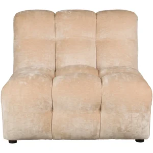 Sofa-Element Hackman No Arm in Beige Velours mit gepolsterten Seitenkissen, Frontansicht.