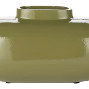 Gesamtansicht der Vase Droplet M Green Dutchbone mit bauchiger, abgeflachter Form in Grün und schmaler Öffnung.