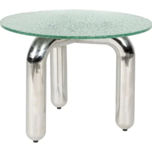 Beistelltisch Marly rund mit grüner Glasplatte und silbernem Metallgestell in Gesamtansicht.
