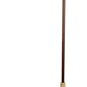 Stehlampe Jackson mit beigefarbenem Leinenschirm, dunklem Holzschaft und rundem Travertin-Sockel in Gesamtansicht.