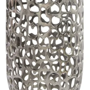 Beistelltisch Aluminium & Marmor rund 30 cm mit silbernem Aluminium-Gestell und durchbrochener Lochstruktur, Gesamtansicht.
