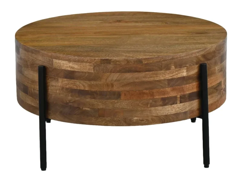 Couchtisch Mango 70 cm mit runder Massivholzplatte in Natur und schwarzen Metallbeinen, Gesamtansicht.