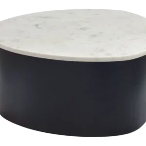 Couchtisch Marmor Weiß mit schwarzem Aluminiumgestell in organischer Form, Gesamtansicht.