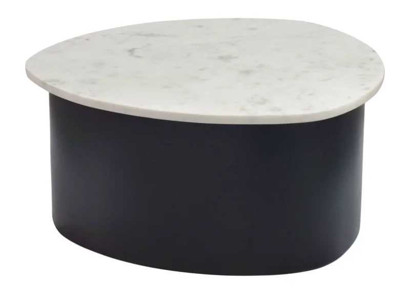 Couchtisch Marmor Weiß mit schwarzem Aluminiumgestell in organischer Form, Gesamtansicht.