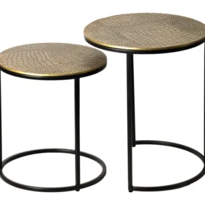 Satztisch Metall 2er Set Gold, Gesamtansicht zweier runder Beistelltische mit goldenen Platten und schwarzem Gestell.
