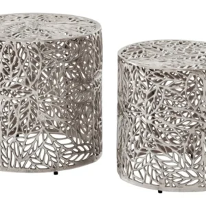 Satztisch Aluminium 2er-Set in Silber mit Blattmuster, Gesamtansicht beider Tische nebeneinander.
