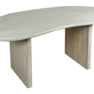 Schreibtisch Nierenform 180x90 cm in Mango Massivholz Weiß mit oval-geschwungener Platte in Gesamtansicht.