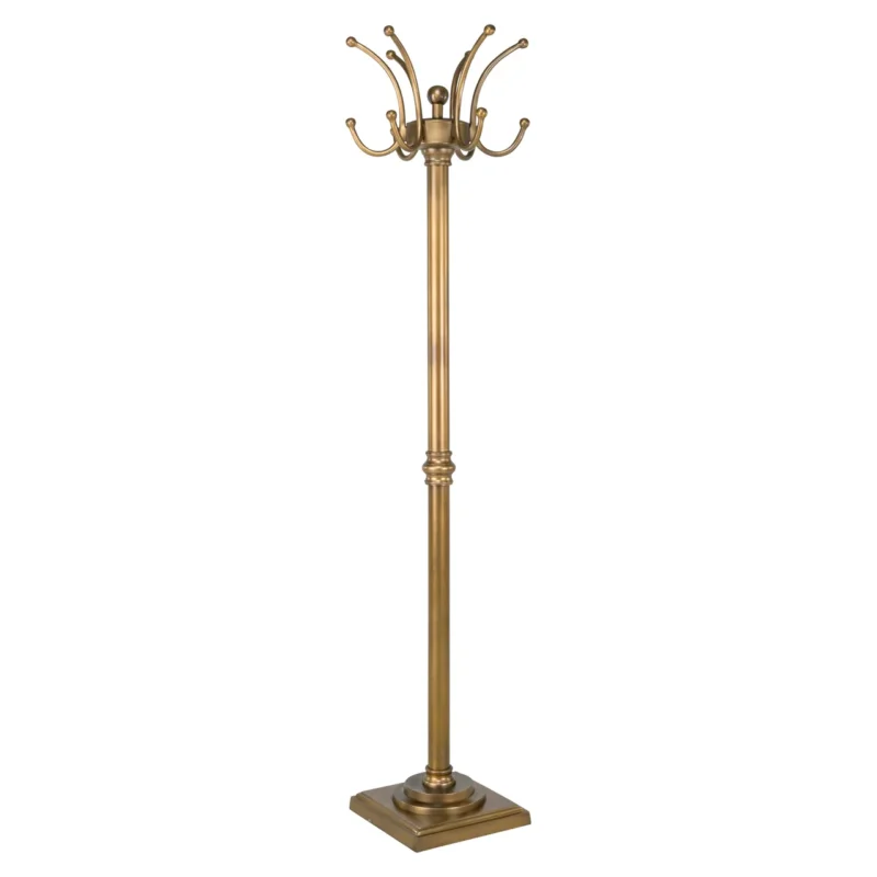 Standgarderobe Darwy Brass Antique mit geschwungenen Haken oben und quadratischer Bodenplatte, Gesamtansicht.