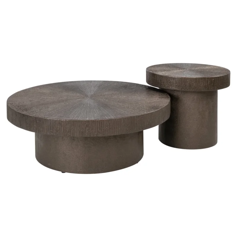 Richmond Couchtisch Lindo Bronze 2er-Set mit runder und zylindrischer Tischplatte in Braungold, Gesamtansicht.