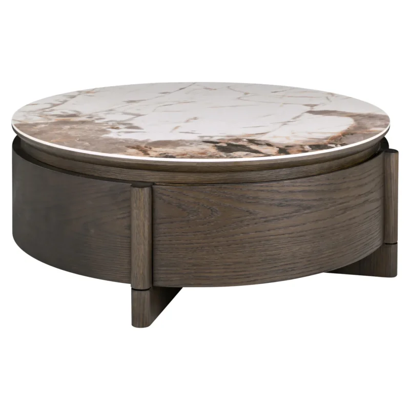 Couchtisch Langford mit runder Marmor-Keramikplatte und dunklem Holzgestell aus Draufsicht.